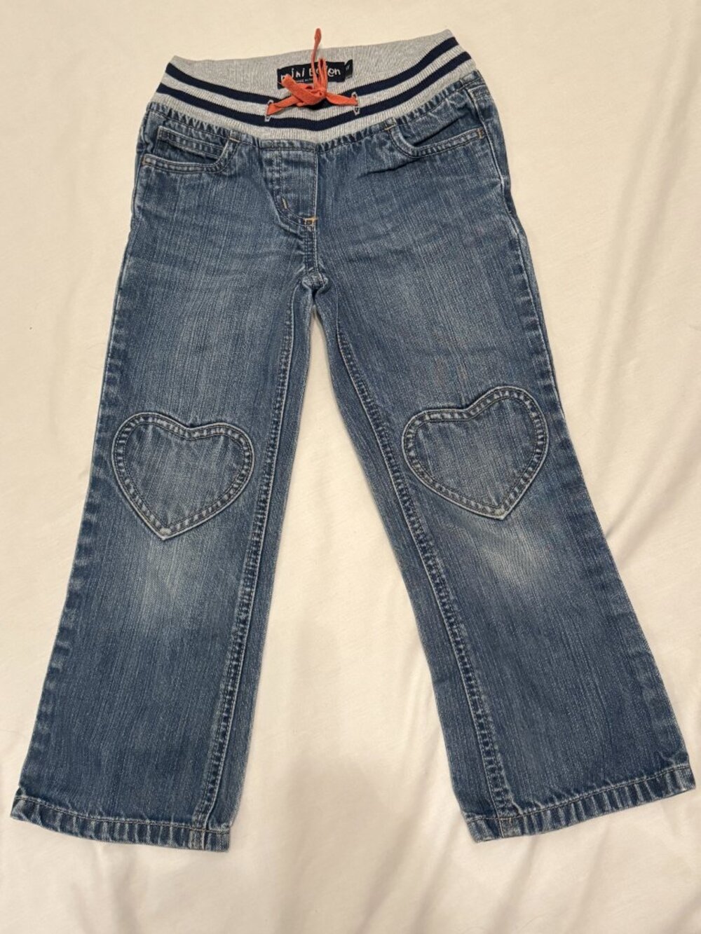 Mini Boden Girl 5Y Blue Denim Jeans Pants Heart Pockets Elastic Waist Band Cute!